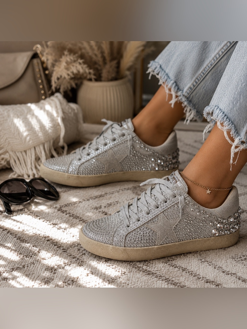 MIA California Rhinestone Star Sneakers Silver Glitter Crystal Shoes 8.5 Y2K